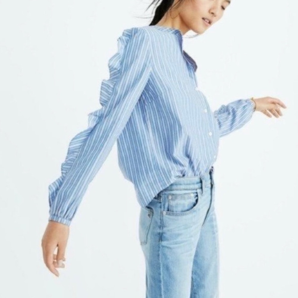 Madewell Blue, White & Red Striped Frill Sleeve Cotton Button Front Shirt